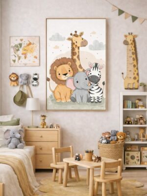Cute Safari Animals Wall Art Print – Jungle Friends Illustration for Nursery, Kids Room & Baby Decor