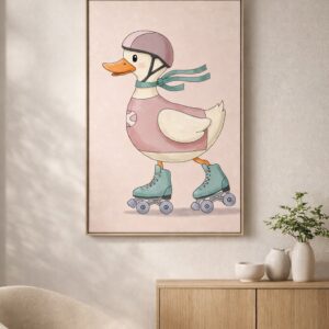 Roller Skating Duck Wall Art Print – Cute Animal Illustration for Kids Room, Nursery & Modern Home Decor