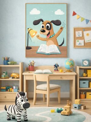 Studying Dog Wall Art Print – Cute Animal Illustration for Kids Room, Nursery & Modern Home Decor