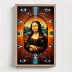 Trippy Mona Lisa Wall Art Print | Psychedelic Eye & Sun Symbolism | Surreal Cosmic Renaissance Artwork | Mystical Statement Wall Decor