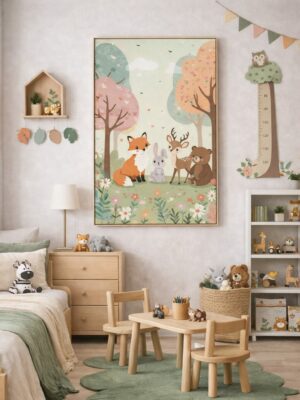 Woodland Friends Wall Art Print – Cute Forest Animals Illustration for Nursery, Kids Room & Baby Decor
