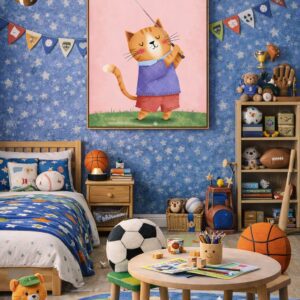 Whimsical Cat Golf Wall Art Print – Cute Animal Illustration for Nursery, Kids Room & Playroom Decor