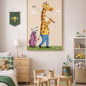 Whimsical Giraffe Golf Wall Art Print – Cute Animal Illustration for Nursery, Kids Room & Playroom Decor