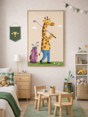 Whimsical Giraffe Golf Wall Art Print – Cute Animal Illustration for Nursery, Kids Room & Playroom Decor