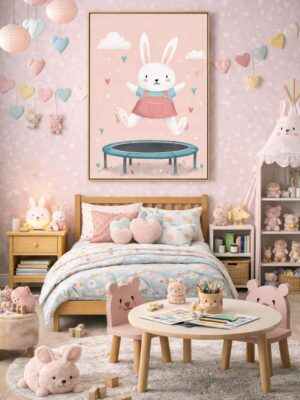 Whimsical Bunny Wall Art Print – Cute Rabbit Illustration for Nursery, Kids Room & Playroom Decor