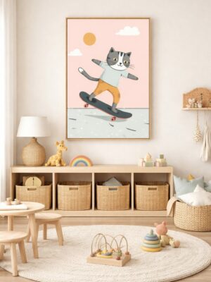 Skateboarding Cat Wall Art Print – Modern Cute Animal Illustration for Kids Room, Nursery & Contemporary Home Decor