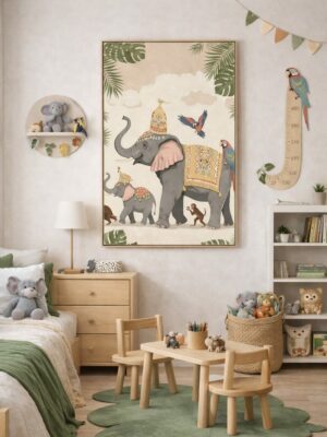Whimsical Elephant Parade Wall Art Print – Cute Jungle Animal Illustration for Nursery, Kids Room & Playroom Decor