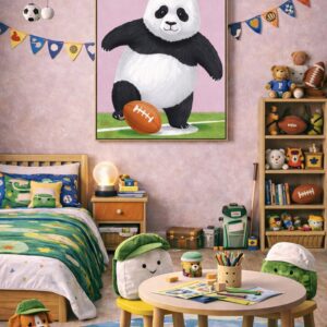 Whimsical Panda Sports Wall Art Print – Cute Animal Illustration for Nursery, Kids Room & Playroom Decor