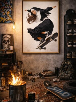 Grace in Motion – Skateboarding Nun Wall Art Print