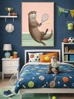 Tennis Otter Wall Art Print – Cute Sports Animal Illustration for Kids Room, Nursery & Modern Home Decor