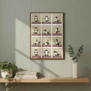 Yoga Cat Art Print, Funny Cartoon Wall Poster, Cute Relaxing Cat Illustration, Humorous Home or Yoga Room Decor, Digital Download