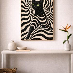 Hypnotic Black Cat – Graphic Op Art Wall Art Print