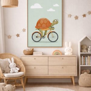 Whimsical Turtle Bicycle Wall Art Print – Cute Animal Illustration for Nursery, Kids Room & Modern Home Decor