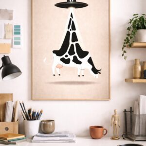 Surreal UFO Cow Wall Art Print, Alien Abduction Illustration, Minimalist Whimsical Animal Poster