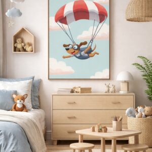 Whimsical Dog Parachute Wall Art Print – Cute Flying Animal Illustration for Nursery, Kids Room & Playroom Decor