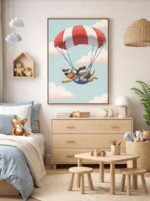 Whimsical Dog Parachute Wall Art Print – Cute Flying Animal Illustration for Nursery, Kids Room & Playroom Decor