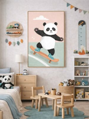 Skateboarding Panda Wall Art Print, Cute Animal Nursery Decor, Kids Room Playroom Illustration, Modern Animal Art