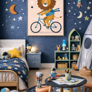 Whimsical Lion Bicycle Wall Art Print – Cute Animal Illustration for Nursery, Kids Room & Modern Home Decor