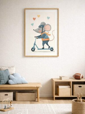 Whimsical Mouse Scooter Wall Art Print – Cute Animal Illustration for Nursery, Kids Room & Playroom Decor