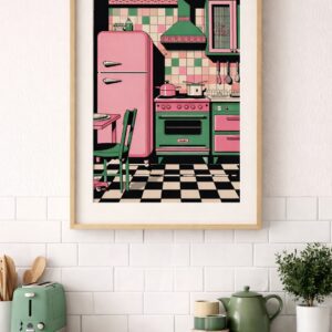 Retro Pink & Green Vintage Kitchen Wall Art Print, Mid-Century Modern Checkerboard Floor Illustration, Colorful Kitchen Decor Poster