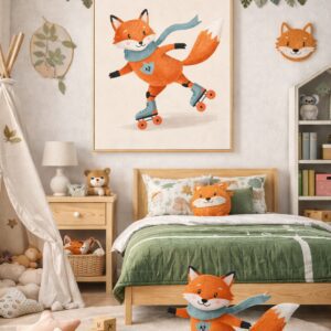 Roller Skating Fox Wall Art Print – Cute Woodland Animal Illustration for Kids Room, Nursery & Modern Home Decor