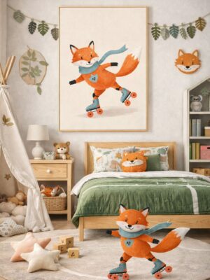 Roller Skating Fox Wall Art Print – Cute Woodland Animal Illustration for Kids Room, Nursery & Modern Home Decor