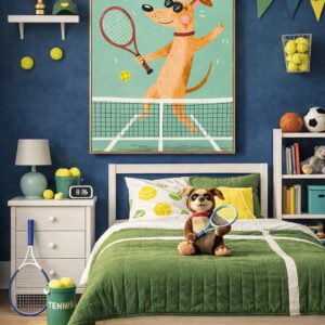 Tennis Dog Wall Art Print – Cool Sports Animal Illustration for Kids Room, Nursery & Modern Home Decor