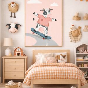 Skateboarding Cow Wall Art Print – Cute Farm Animal Illustration for Kids Room, Nursery & Modern Home Decor
