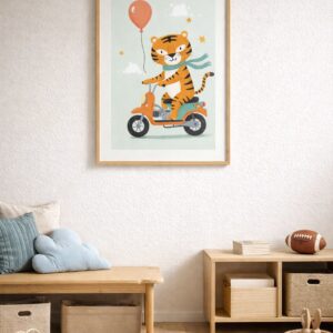 Whimsical Tiger Scooter Wall Art Print – Cute Animal Illustration for Nursery, Kids Room & Playroom Decor