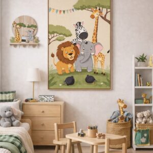 Jungle Animals Wall Art Print – Cute Safari Illustration for Nursery, Kids Room & Playroom Decor