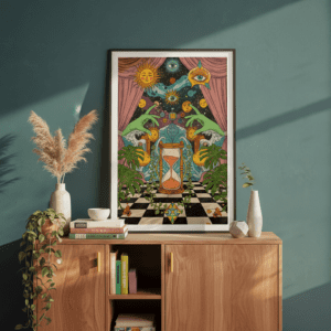 Psychedelic Hourglass Art Print, Cosmic Boho Wall Decor, Trippy Universe Illustration, Mystical Digital Download
