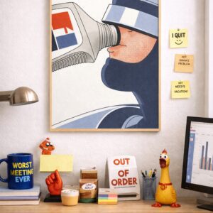 Superhero Drinking Motor Oil Wall Art Print – Automotive Humor Illustration