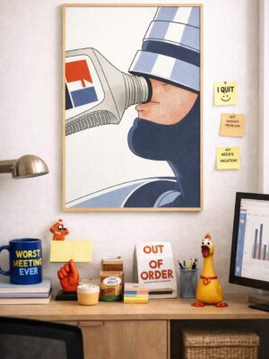 Superhero Drinking Motor Oil Wall Art Print – Automotive Humor Illustration