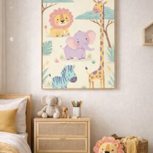 Cute Safari Animals Wall Art Print – Lion Elephant Giraffe Zebra Illustration for Kids Room, Nursery & Modern Home Decor