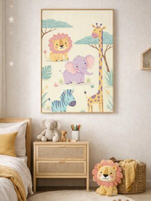 Cute Safari Animals Wall Art Print – Lion Elephant Giraffe Zebra Illustration for Kids Room, Nursery & Modern Home Decor