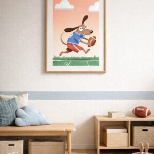 Whimsical Dog Football Wall Art Print – Cute Sports Animal Illustration for Nursery, Kids Room & Playroom Decor