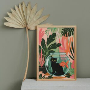 Black Cat Goldfish Bowl Art, Whimsical Jungle Wall Print, Cute Animal Illustration, Playful Home Decor