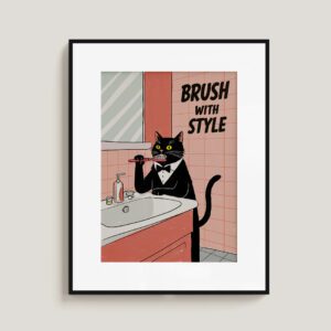 Funny Cat Bathroom Art | "Brush With Style" Tuxedo Cat Print | Cute Quirky Wall Decor