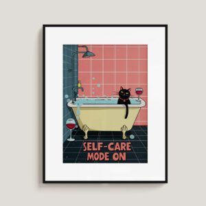 Funny Cat Bathroom Art | "Self-Care Mode On" Digital Print | Relaxing Bathtub Wall Decor | Cute Cat Poster