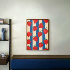 Strawberry Pattern Print: Red Berries on Blue Cream Stripes