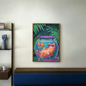 Funny Cat Fishbowl Print, Tropical Jungle Wall Art, Cute Animal Illustration, Whimsical Home Decor