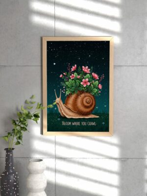 Whimsical Snail Wall Art | "Bloom Where You Crawl" Printable | Floral Night Sky Decor | Motivational Animal Poster