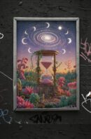 Surreal Hourglass Galaxy Art Print, Fantasy Moon Phase Wall Decor, Cosmic Time Illustration