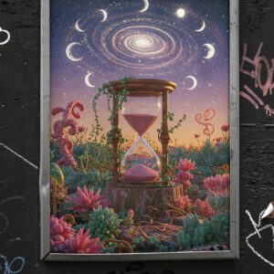 Surreal Hourglass Galaxy Art Print, Fantasy Moon Phase Wall Decor, Cosmic Time Illustration