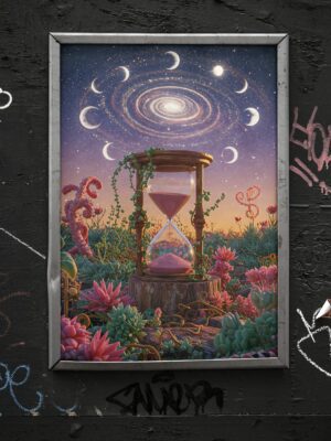 Surreal Hourglass Galaxy Art Print, Fantasy Moon Phase Wall Decor, Cosmic Time Illustration
