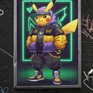 Streetwear Pikachu Wall Art Print | Neon Anime Urban Artwork | Hype Street Style Character Art | Modern Pop Culture Statement Decor