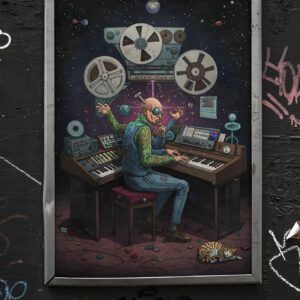 Psychedelic Space Musician Art | Retro Sci-Fi Synth Poster | Trippy Galaxy Print | Cosmic Keyboard Artwork