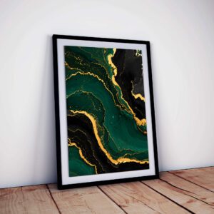 Emerald Gold Marble Art Print, Luxe Fluid Ink Texture Wall Decor, Elegant Green & Gold Abstract Design, Modern Digital Download