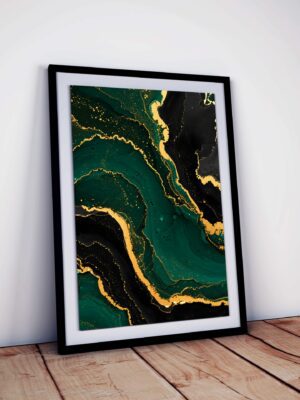 Emerald Gold Marble Art Print, Luxe Fluid Ink Texture Wall Decor, Elegant Green & Gold Abstract Design, Modern Digital Download