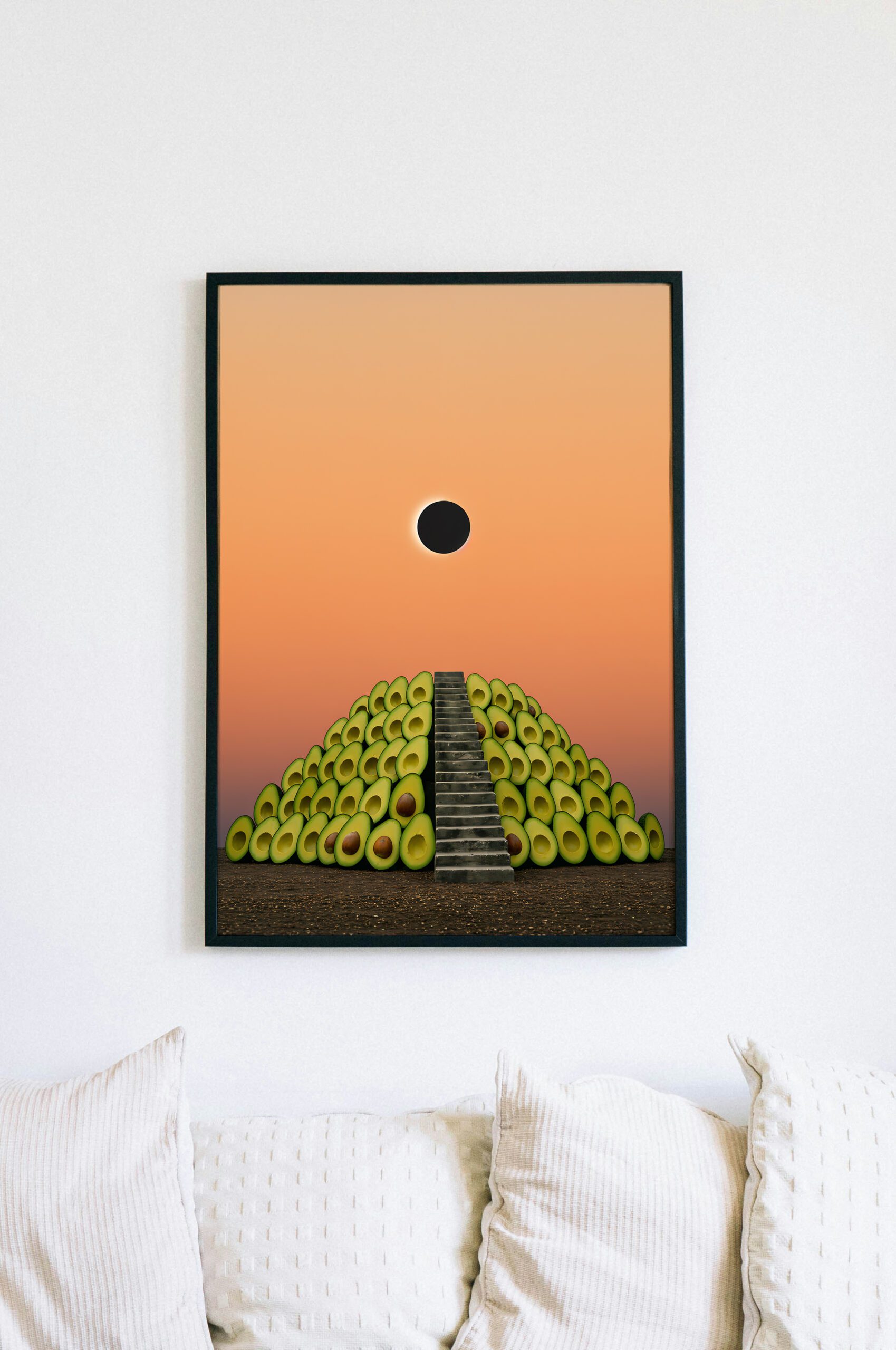 Surreal Avocado Pyramid Art Print, Whimsical Kitchen Wall Decor, Quirky Food Illustration